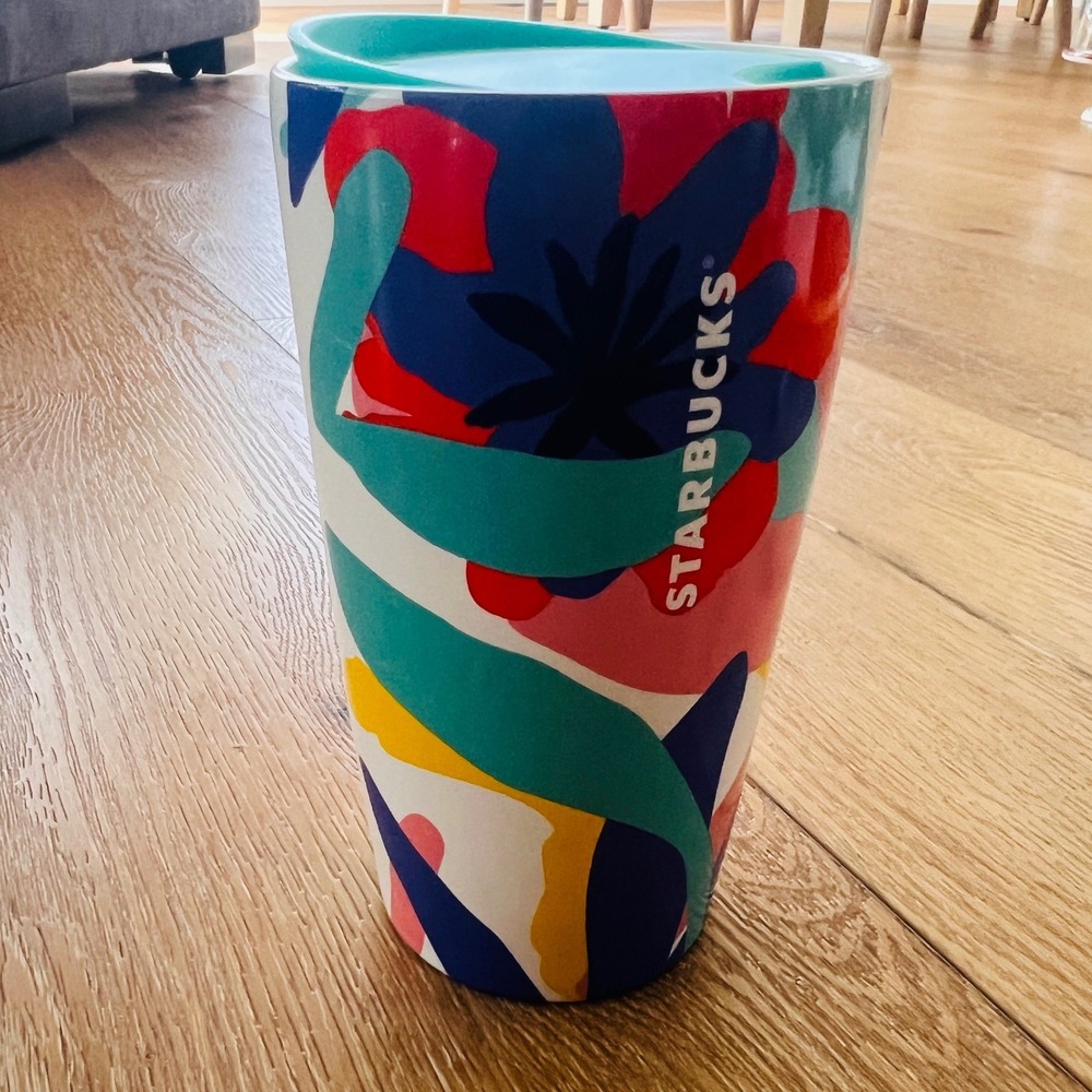 Starbucks 2021 Abstract Floral Ceramic Travel Tumbler Mug Teal Lid 12oz NWOT